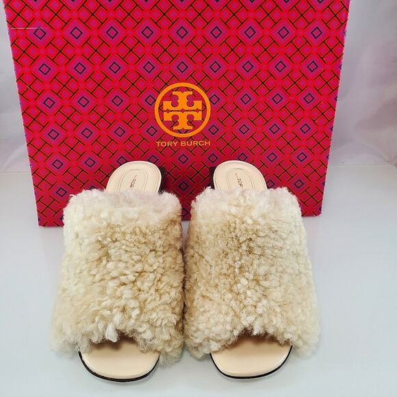 NWT$398 Tory Burch Block T 80mm Heel Shearling Heeled Mules Sandals Shoe Sz 5 - Picture 6 of 15